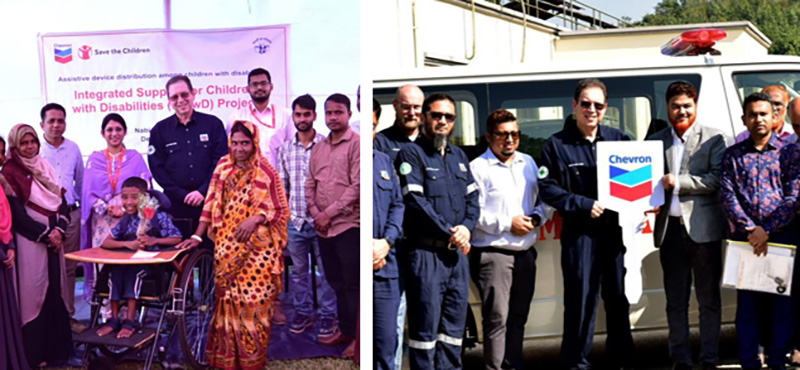 Chevron Bangladesh President and Managing Director, Mr. Eric M Walker is seen handing over the Ambulance to Sylhet City Corporation (right side) in Sylhet and assistive devices to Integrated Support for Children with Disabilities (ISCwD) Project in Habiganj (left side). 